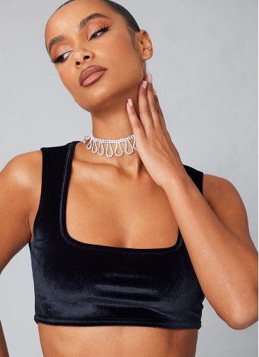 NAVY VELVET SQUARE NECK SLEEVELESS CROP