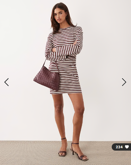 ASOS DESIGN long sleeve cinched waist mini dress in buttermilk and chocolate stripe
