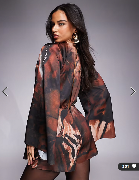 ASOS DESIGN satin long sleeve high neck playsuit in dark abstract print