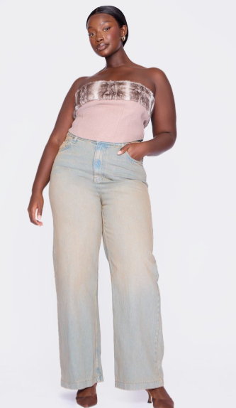 Plus Brown Faux Fur Trim Wool Look Bandeau Corset