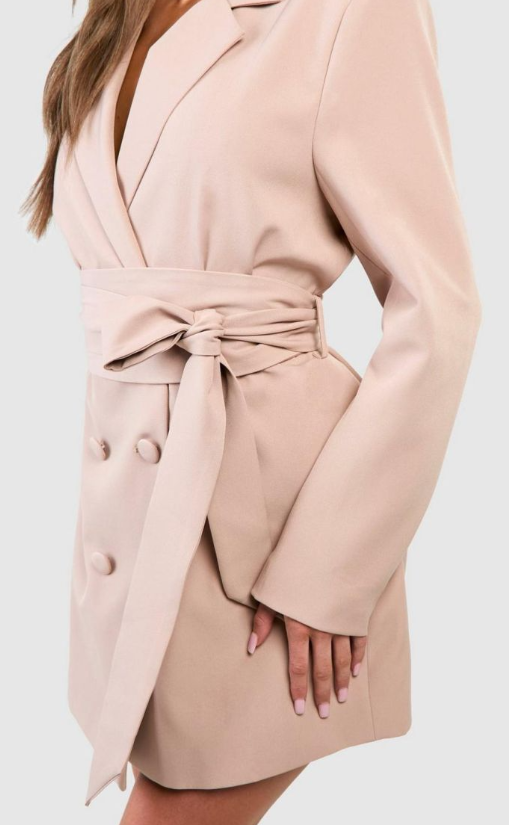 Boohoo Obi Tie Waist Tailored Blazer Dress - camel