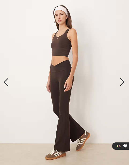 adidas Performance Three Stripes Studios crossover waistband flares in brown
