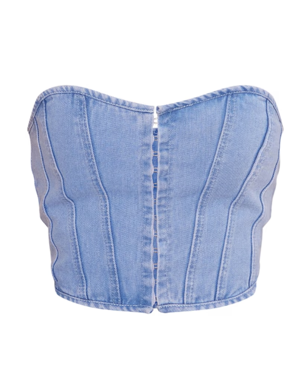 Plt - Light Blue Wash Denim Hook And Eye Structured Corset