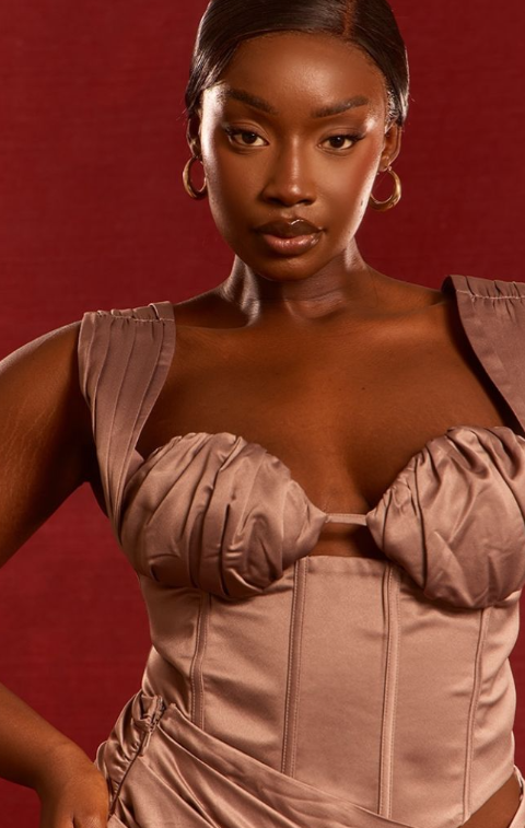 Plus Mocha Constructed Satin Ruched Bust Corset