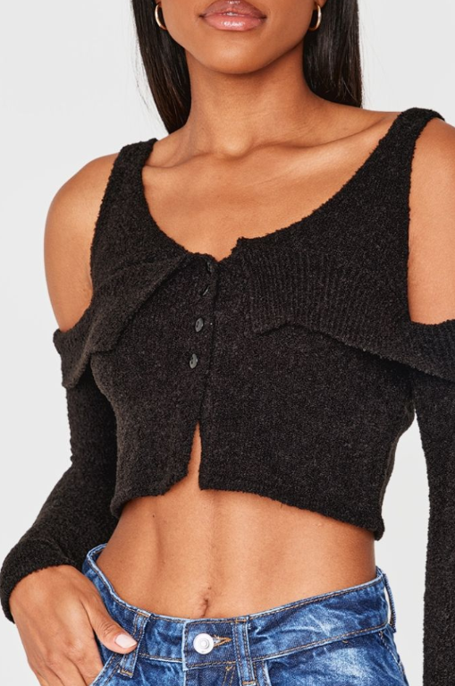 Black Boucle Knit Cold Shoulder Button Up Top