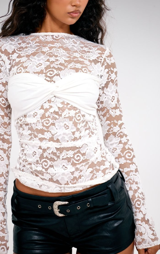 White Bust Detail Lace Long Top