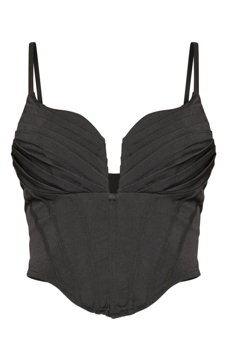 Black Strappy Pleated Bust Corset Detail Crop Top