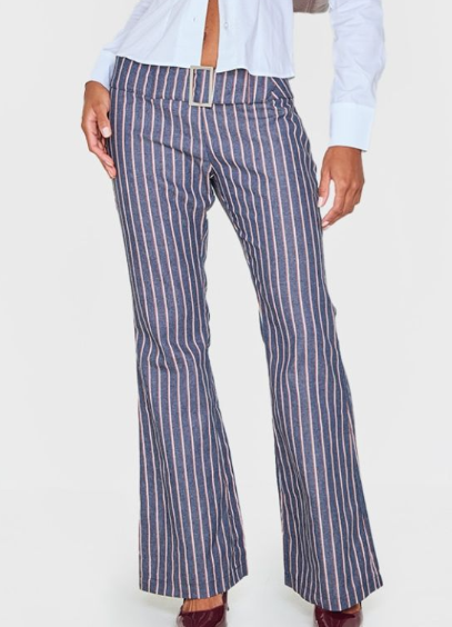 Plt - Navy Striped Low Rise Belted Flares