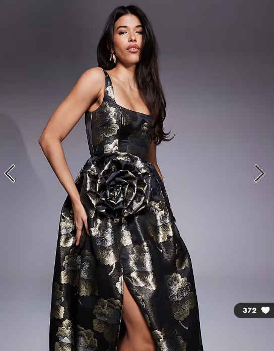 ASOS LUXE jacquard 3D floral maxi dress in black and gold