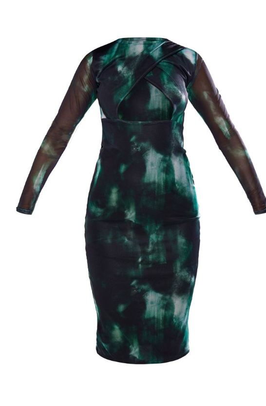 Khaki Print Mesh Wrap Cut Out Midi Dress