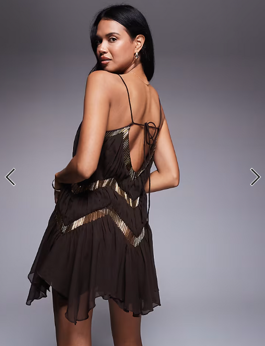 ASOS DESIGN slouchy embellished panels mini dress with uneven hem in chocolate
