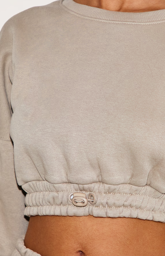 Petite Moss Grey Crop Elasticated Sweat Top