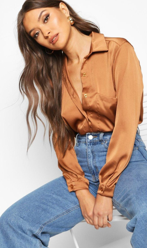 Boohoo Oversized Pocket Detail Satin Shirt - mocha