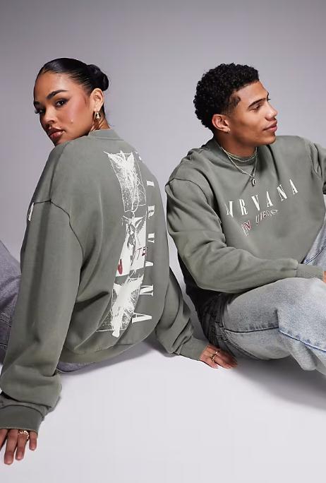 ASOS DESIGN unisex boxy Relaxed sweatshirt with Nirvana prints in washed khaki