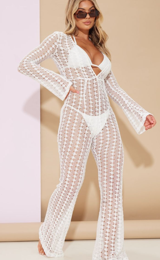 White Crochet Plunge Beach Jumpsuit