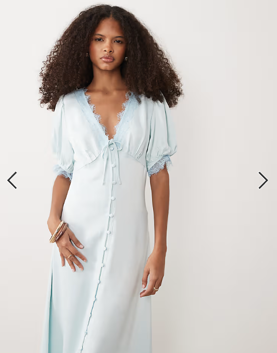Miss Selfridge satin lace trim button through maxi dress in blue