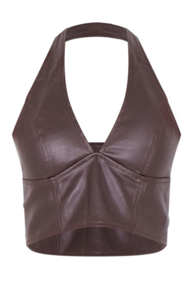 Brown coated denim seam detail halterneck top