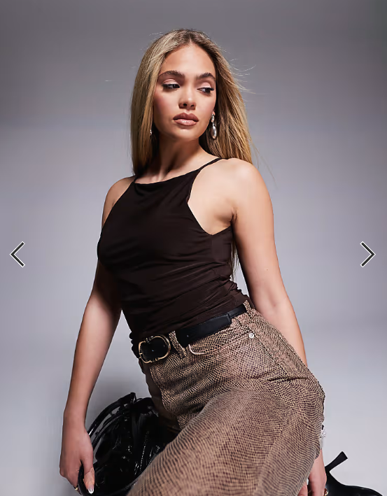 ASOS DESIGN double layered 90s boat neck strappy top in chocolate