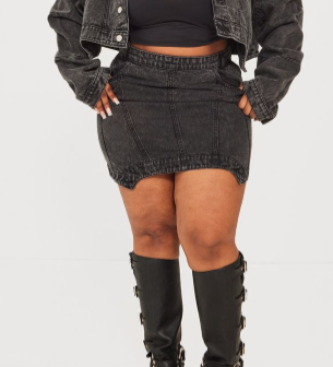 Plus Washed Black Seam Detail Denim Asymmetric Mini Skirt