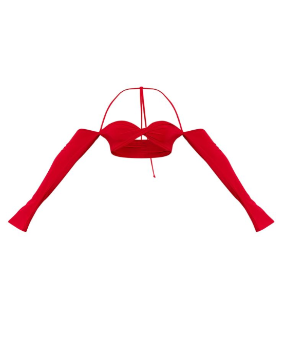 Bright Red Slinky Twist Front Long Sleeve Bardot Bralette
