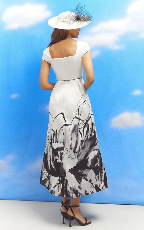 Lisa Tan Floral Placement Print Twill Midi Dress