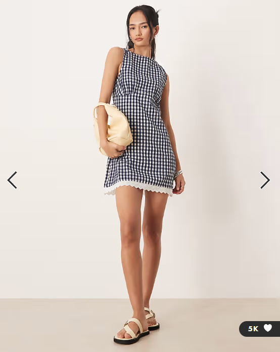 ASOS DESIGN slash neck mini sundress with sculpted bust and broderie hem in navy gingham