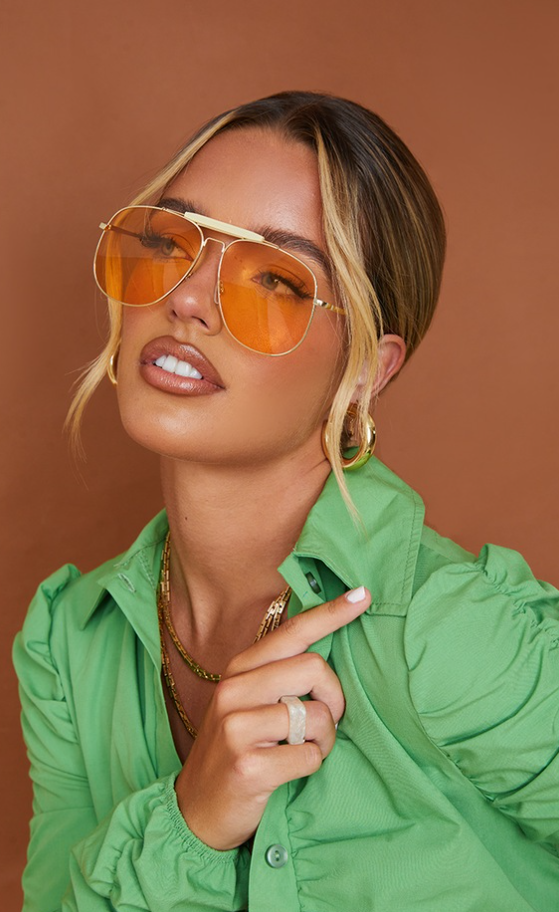 Peach Oversized Plastic Brow Bar Aviator Sunglasses