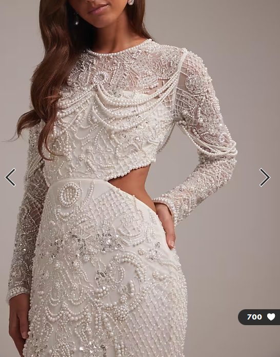 ASOS DESIGN ornate pearl embellished column maxi wedding dress with cut away waist in ivory