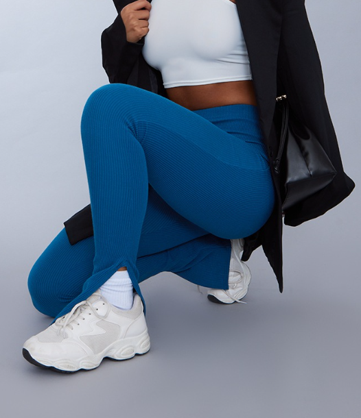 Navy Textured Ribbed Split Hem Leggings