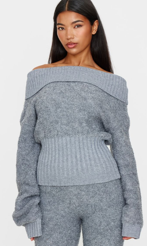 Charcoal Contrast Textured Knit Bardot Foldover Jumper