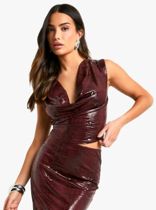 boohoo Petite PU Snakeskin Cowl Neck Top