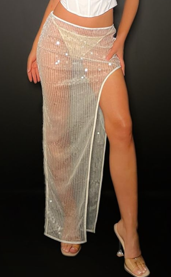 White Sheer Sequin High Thigh Split Maxi Skirt