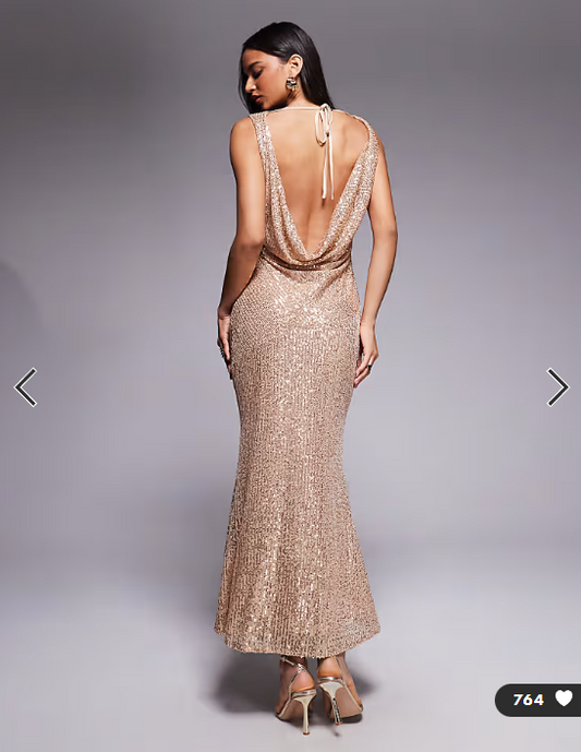 TFNC cowl neck maxi dress with open back in gold sequin