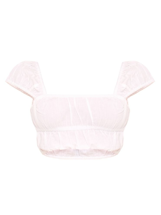 White Linen Look Cap Sleeve Ruched Crop Top