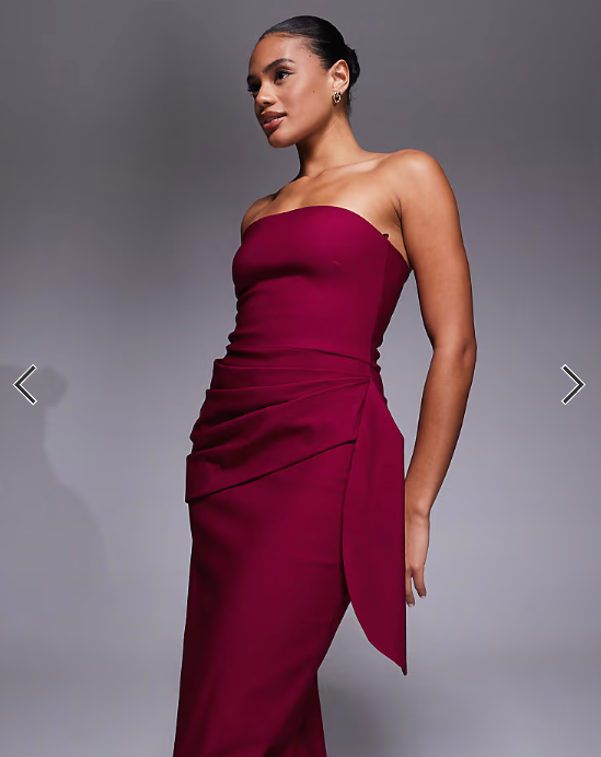 Vesper bengaline bandeau drape front detail maxi dress in berry