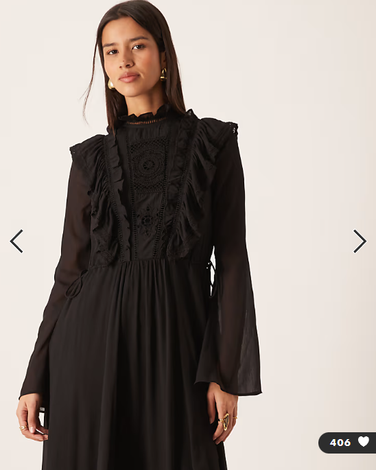 Asos - high neck ruffle maxi dtess with lace inserts and ties in midnight black