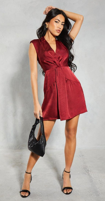 Textured Satin Drape Detail Sleeveless Mini Dress