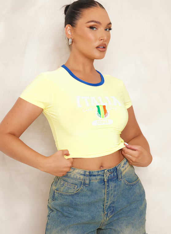 Yellow Italia Printed Fitted Crop T Shirt