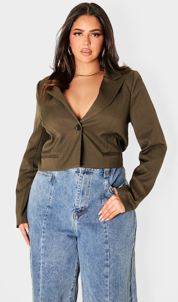 Plus Khaki Patch Pocket Cropped Detail Boxy Blazer