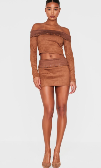 Brown Faux Suede Contrast Binding Fold Over Bardot Top