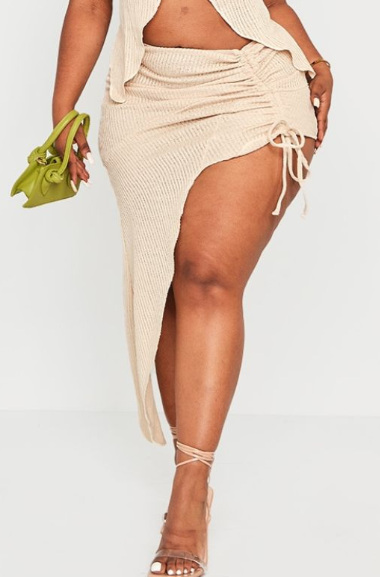 Plus Stone Textured Knit Ruched Midi Skirt