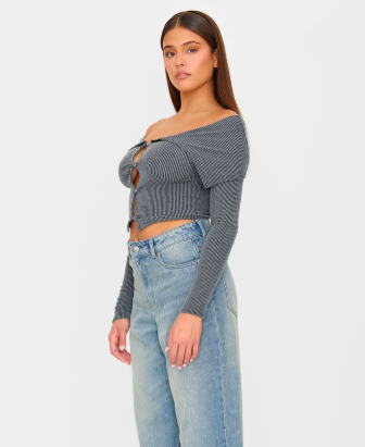 Charcoal Ribbed Button Down Fold Over Long Sleeve Top