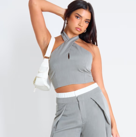 Plt - Grey Woven Key Hole Detail Halterneck Top
