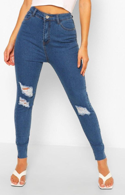 Boohoo - High Rise Super Distressed Skinny Jean - mid blue