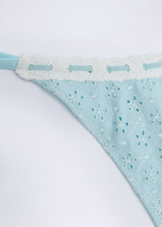 OhPolly - Broderie Anglaise Side-Tie Thong Bikini Bottoms in Powder Blue