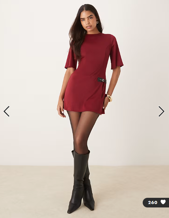 ASOS DESIGN wide short sleeve mini dress with side buckle in wine