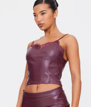 Plt - Burgundy Matte Faux Leather Lace Trim Cami Top