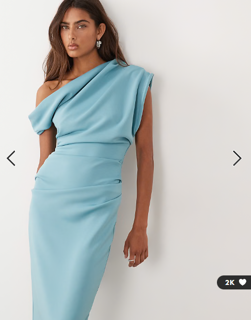 ASOS DESIGN asymmetric off shoulder midi dress in blue scuba-style fabric