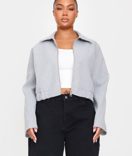 Plt - Plus Grey Marl Zip Up Textured Elasticated Waist Jacket