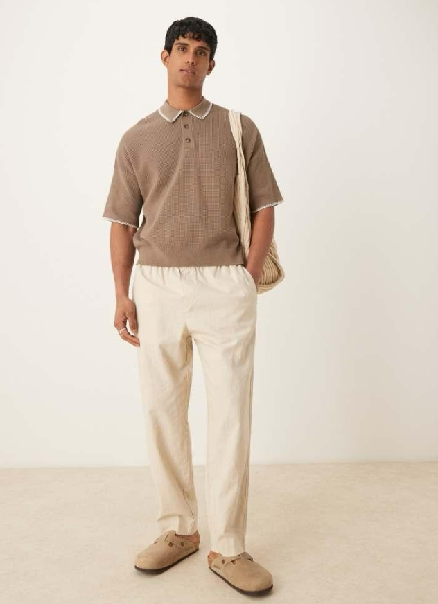 ASOS DESIGN oversized knitted polo with blanket stitch details in brown